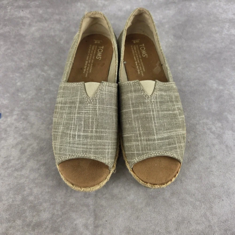 TOMS Womens Open Toe Espadrille Flats Taupe Wht Grid Print Slip On Shoes Size 6